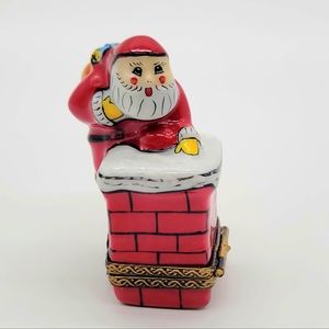 Authentic Limoges Santa Claus on The Chimney Trinket Box Peint Main w/ Gold Gilt